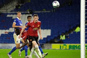 Goals from Scott McTominay (pictured), Juan Mata and Paul Pogba saw Manchester United through to the quarter-finals of the Carabao Cup at the expense of Brighton and Hove Albion  (Photo by Matt Dunham - Pool/Getty Images)