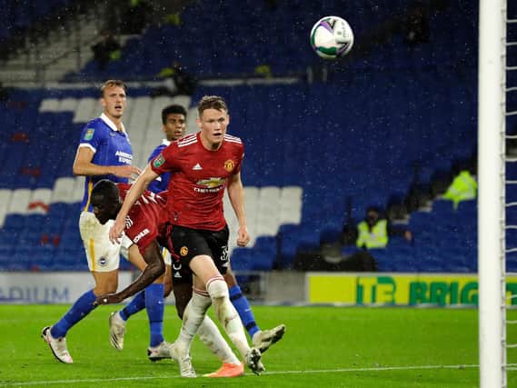 Goals from Scott McTominay (pictured), Juan Mata and Paul Pogba saw Manchester United through to the quarter-finals of the Carabao Cup at the expense of Brighton and Hove Albion  (Photo by Matt Dunham - Pool/Getty Images)