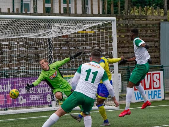 Jordy Mongoy rises to head Bognor in front at Haringey / Picture: Trev Staff