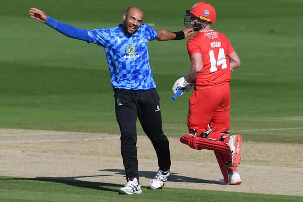 Tymal Mills celebrates one of the wickets that seemed to have put Sussex on top against Lancashire / Picture: Getty