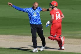 Tymal Mills celebrates one of the wickets that seemed to have put Sussex on top against Lancashire / Picture: Getty