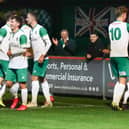 Bognor celebrate one of their two goals against Carshalton. Picture by Lyn Phillips