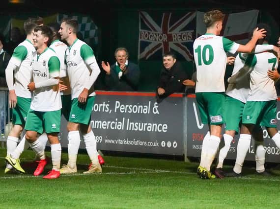 Bognor celebrate one of their two goals against Carshalton. Picture by Lyn Phillips