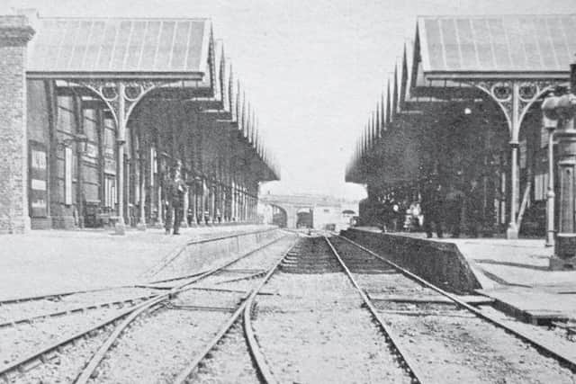 Worthing's second railway station, with unusual gabled canopies, in 1869