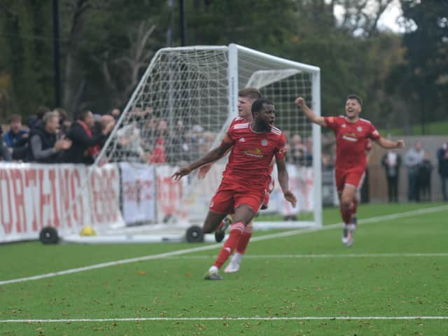 Mo Diallo celebrates the Worthing winner / Picture: Marcus Hoare