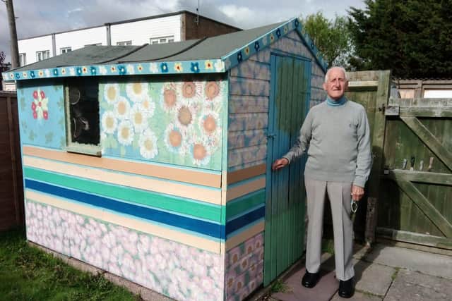 Painter and decorator Vince Battersby, 88, with his shed