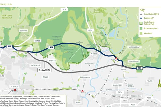 The new preferred route for the A27 Arundel bypass sweeps south of the South Downs national park and includes a new dual carriageway between Crossbush in the East and a new junction near Tye Lane in the west. Picture: Highways England