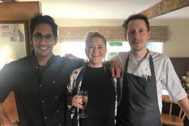Chris Baguley on Christmas Day 2019 with Rajh Siva (Co-owner/director of The Plough and The Union Rye) and Anna Sands (General Manager, The Union Rye) SUS-201015-115137001