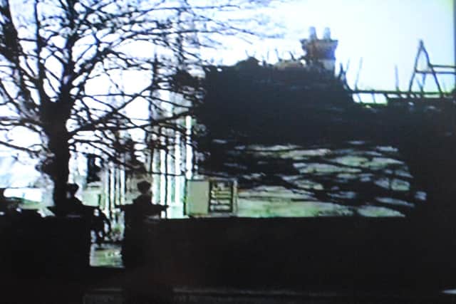A still taken from the cine-camera film of the ruins of Victory Road School