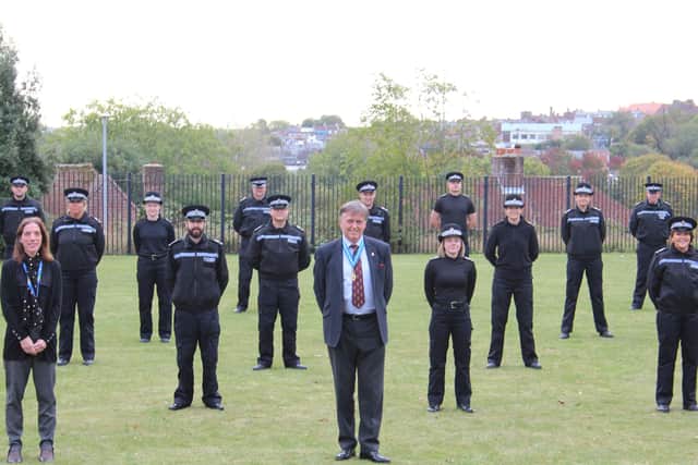High Sheriff of West Sussex Dr Tim Fooks with new recruits at their training day at the Sussex Police headquarters in Lewes