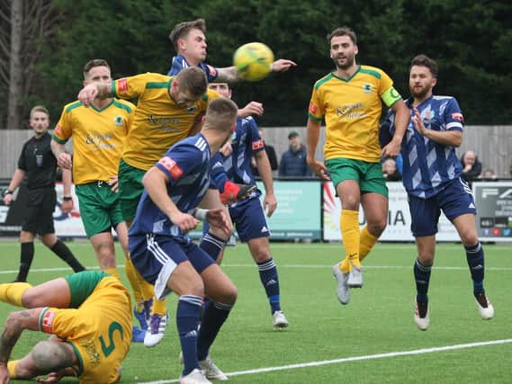 Rob O'Toole heads home in Saturday's win over Brightlingsea - but the Hornets were out of luck at East Thurrock, where they lost 3-2 / Picture: John Lines
