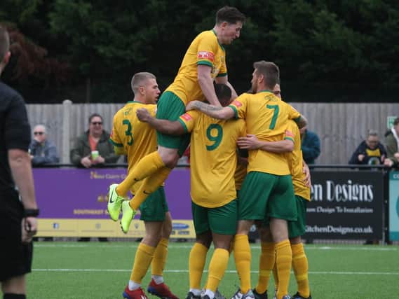 Horsham celebrate during their rout of Brightlingsea - but they came back down to earth with a defeat at East Thurrock / Picture: John Lines