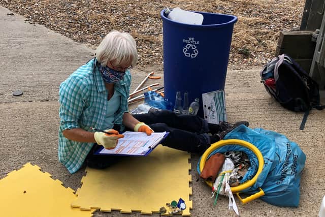 Volunteer Dr Barbara Pilley Shaw, an environmental scientist, recording findings for the Marine Conservation Society's annual Great British Beach Clean