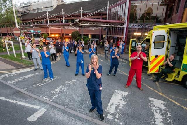 Emergency services and key workers join NHS staff at the Princess Royal Hospital, Haywards Heath, to thank them for their care of Covid-19 patients.  Brighton and  Sussex University Hospitals Trust, West Sussex, UK
