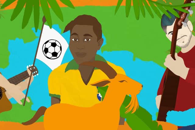 A still from the video featuring Pele, centre.
