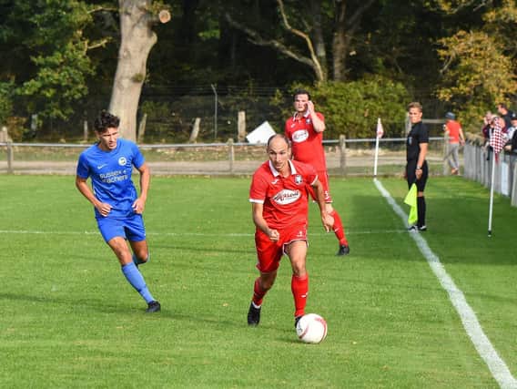 Andy Whittingham almost scored what would have been Hassocks' goal of the season in the 7-2 defeat of Langney / Picture: Chris Neal