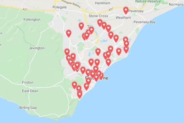 A map of all the public access defibrillators in Eastbourne SUS-201029-145840001