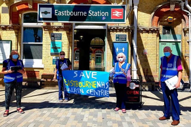 A protest at Eastbourne Station against the planned closure of the walk-in health centre