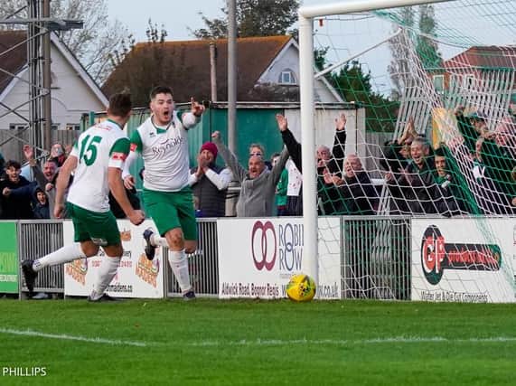 Bognor go ahead in their Trophy win over Tooting and Mitcham through Brad Lethbridge / Picture: Lyn Phillips