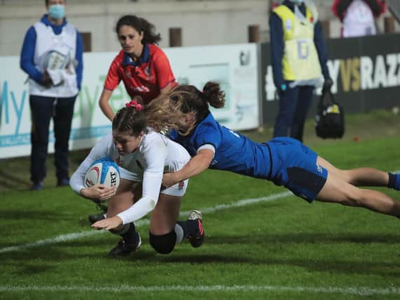 Jess Breach goes over for one of England's tries in their big win over Italy / Picture: Getty