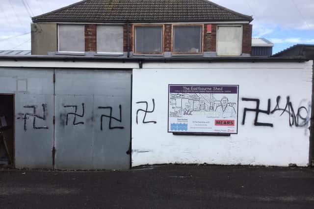 Vandals covered the Eastbourne shed in swastika signs SUS-200311-130851001