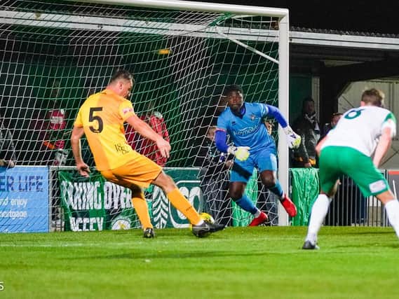 Harry Pollard pounces to level the Sussex Senior Cup at Bognor at 1-1 - but the Rocks went on to win / Picture: Lyn Phillips