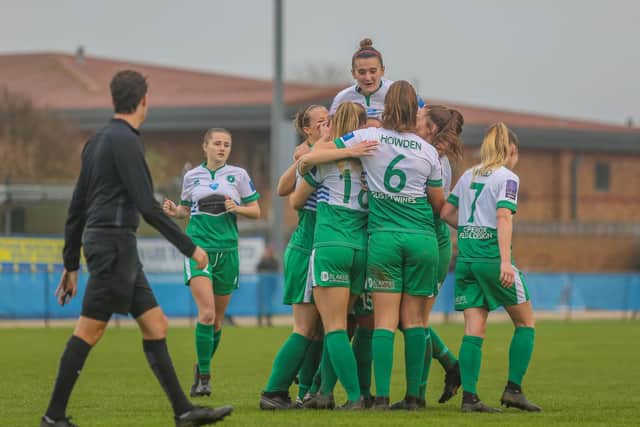 Chichester and Selsey Ladies celebrate a goal in their hammering of Hounslow / Picture: Sheena Booker