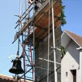 The church bell being restored (left) and the Memorial Chapel in Lewes