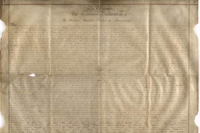 The Sussex Declaration, one of only two contemporary ceremonial manuscripts of the United States of America’s Declaration of Independence on parchment in the world. Picture: West Sussex Record Office