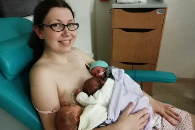 Cheryl Carter and Chris Pegrum from Yapton have triplets: Violet, Frank, and William. Cheryl, 34, from Blenheim Road, Yapton, with her triplets SUS-191113-102759001