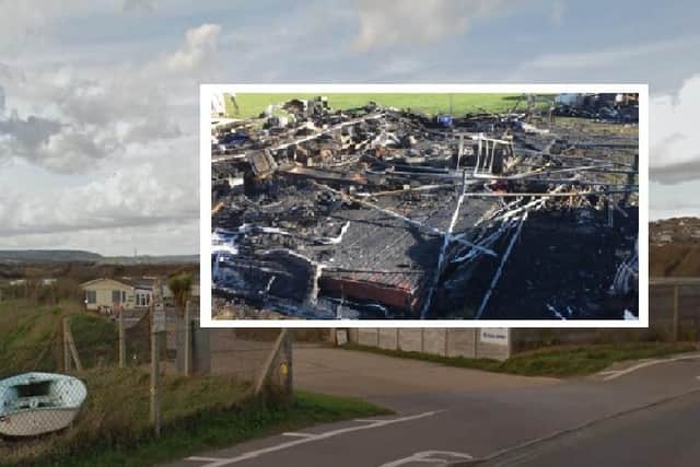 Buckle Holiday Park in Seaford and (inset) the aftermath of the blaze. Picture: Google Street View