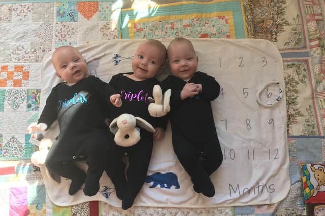 Cheryl Carter and Chris Pegrum from Yapton have triplets: Violet, Frank, and William. Aged six months