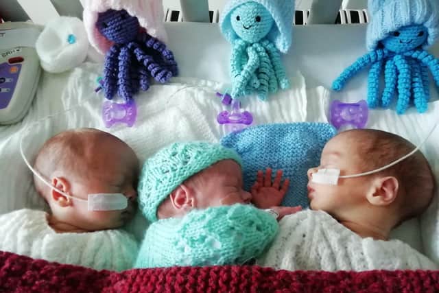 Cheryl Carter and Chris Pegrum from Yapton have triplets: Violet, Frank, and William. Pictured shortly after they were born