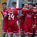 Crawley Town celebrate the winner against Torquay United in the first round. Picture courtesy of Crawley Town