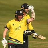 Tom Smith and David Payne celebrate as the final ball is hit for four to win the match against Somerset in this season’s Vitality Blast