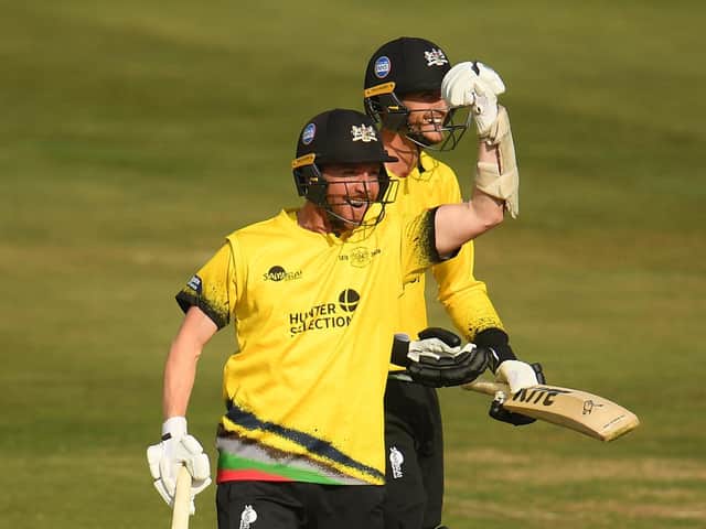 Tom Smith and David Payne celebrate as the final ball is hit for four to win the match against Somerset in this season’s Vitality Blast