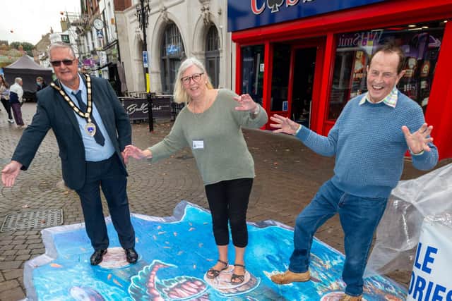 Littlehampton Town Council installed two pieces of 3D art in Littlehampton’s High Street in October as part of the town council and Arun District Council’s jointly funded town centre events initiative. Left to right: town mayor David Chace, councillor Dr James Walsh and Jill Long.