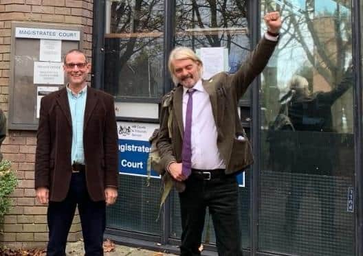 Lindsay Parkin and Alistair Sandell outside Staines Magistrates Court. Picture: Extinction Rebellion