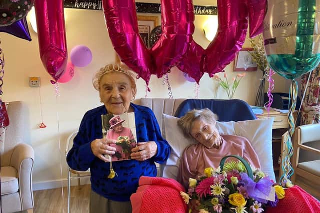 Josephine Harwood, left, celebrates her 100th birthday with Chris Northeast, who just turned 93, at The Martlets in East Preston