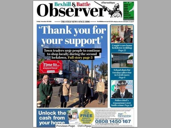 Today's front page of the Bexhill and Battle Observer SUS-201119-122626001