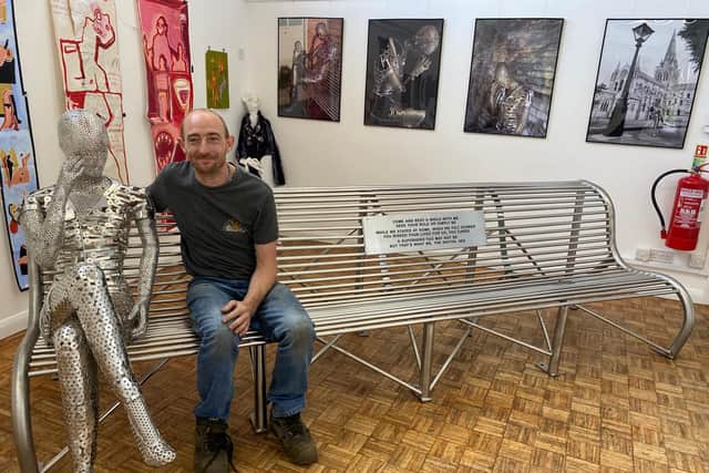 John Gillespie and his sculpture in the Oxmarket Gallery