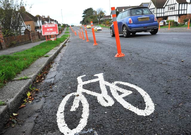 Pop-up cycle lanes on Upper Shoreham Road, Shoreham. Pic Steve Robards SR201101 SUS-200211-170755001