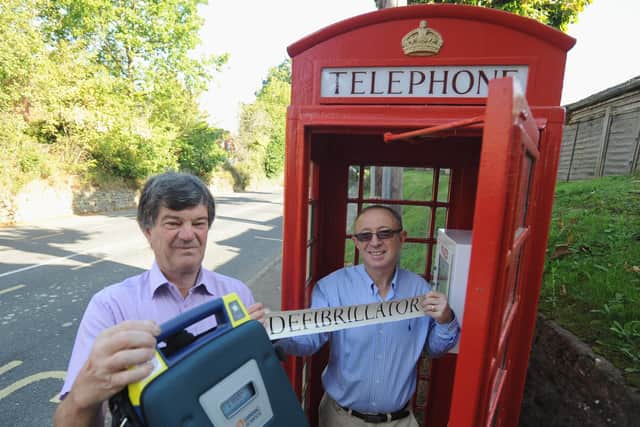 Easebourne parish councillors David Pack and Jose Galego with the 24 hour defibrillator pack. Picture taken in 2014 14LASEP21-2