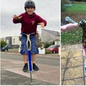 Solomon Nicholson, eight, and his cousin Jacob Anderson, nine, are bouncing 30,000 times on their pogo sticks