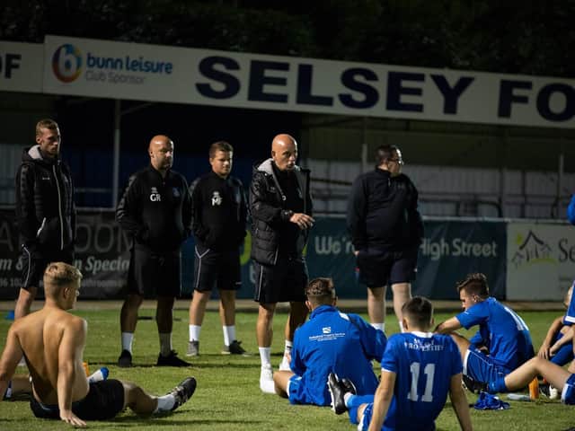 Daren Pearce talks to his Selsey players after a pre-season friendly against Bognor