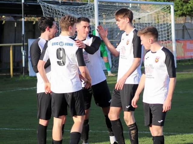 Pagham celebrate a goal v Steyning earlier in the campaign / Picture: Roger Smith