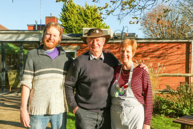 Digby Stephenson at the Henfield Haven with his son, Dan, and wife, Jane, who are both also Henfield Haven volunteers. Picture: BN5 Magazine SUS-201125-154750001