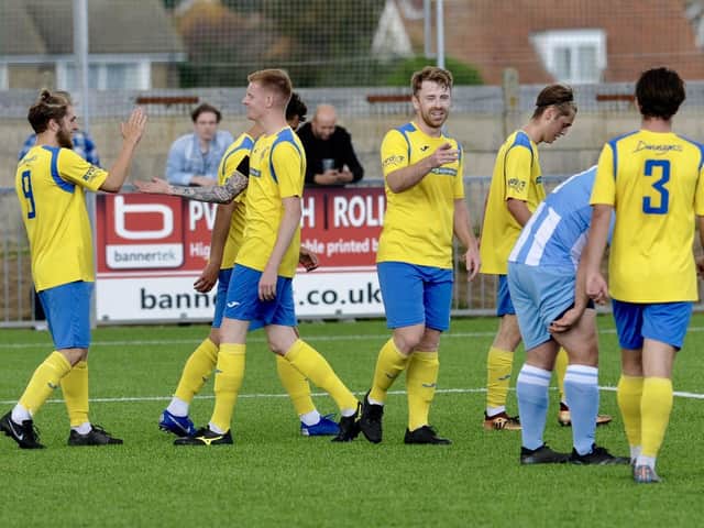 Lancing celebrate on six goals they put past Lingfield / Picture: Stephen Goodger