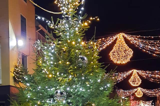 The decorated Rotary Tree of Goodwill at the Chichester Market Cross