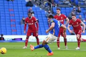 Brighton striker Neal Maupay places his penalty wide of the post against Liverpool